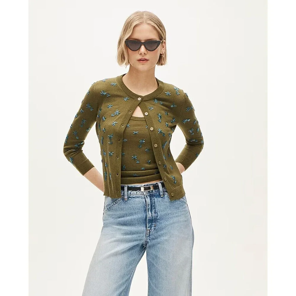 J Crew Collection NWT Crewneck Cardigan in Merino Wool Olive Embellished Small